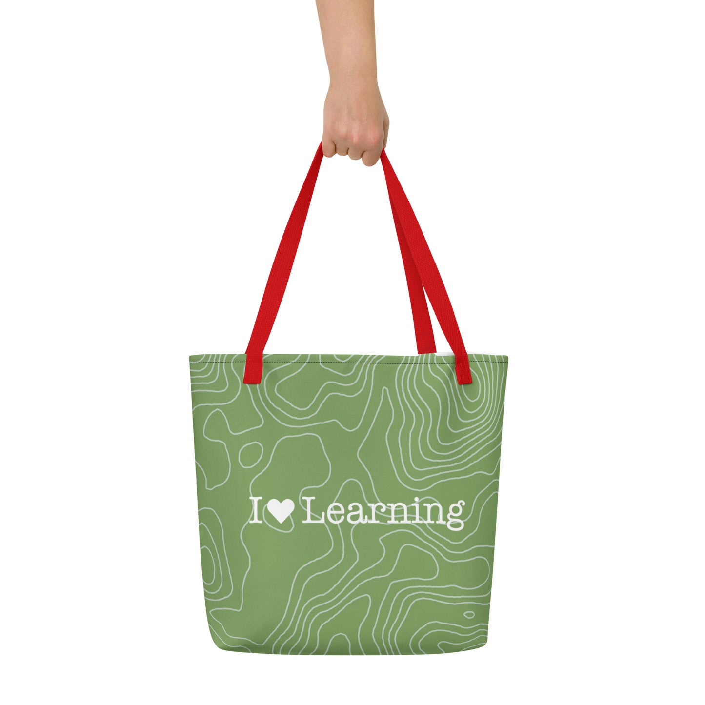 I Love Learning All-Over Green Print Large Tote Bag