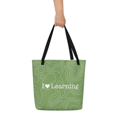 I Love Learning All-Over Green Print Large Tote Bag